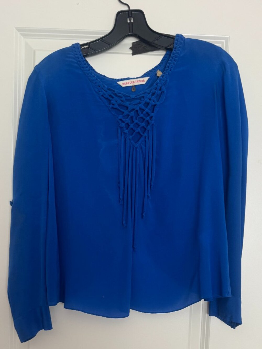 Rebecca Taylor Cobalt Blue Silk Blouse Macrame Neckline Open Back Size 0